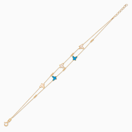 18K Yellow Gold Double-Layer Butterfly Bracelet with Mother of Pearl and Turquoise – Eclat Collection