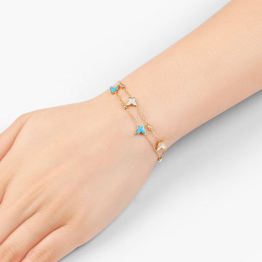 18K Yellow Gold Double-Layer Butterfly Bracelet with Mother of Pearl and Turquoise – Eclat Collection
