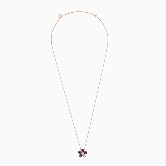 18k rose gold chain with a flower shape pendant decorated with a single pearl in the center surrounded by natural diamond, ruby stones from Danah Collection