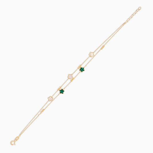 18K Yellow Gold Double-Layer Flower Bracelet with Mother of Pearl and Malachite – Eclat Collection