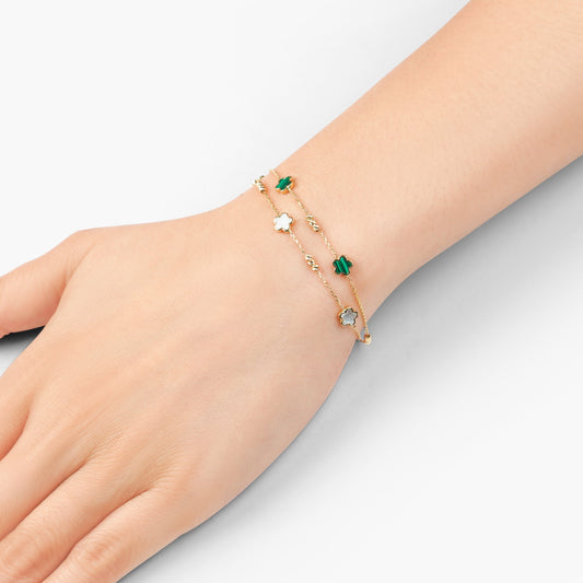 18K Yellow Gold Double-Layer Flower Bracelet with Mother of Pearl and Malachite – Eclat Collection