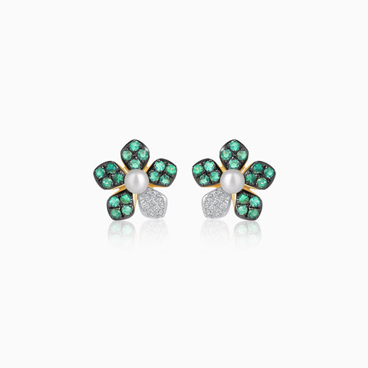 Flower Elegance Emerald and Natural diamond & Pearl Earrings in 18k Yellow gold