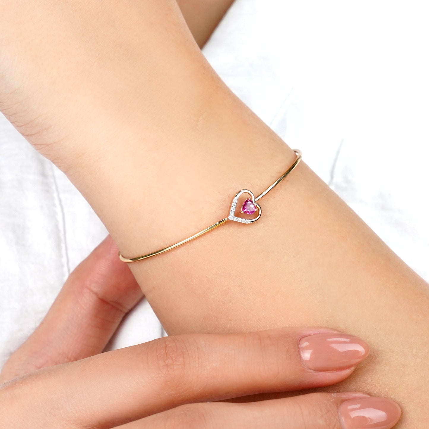 18K Rose Gold Bangle Featuring Two Pink Topaz Hearts and Natural Diamonds