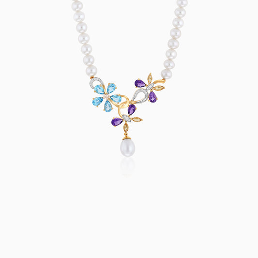 18K Yellow Gold Pearl Necklace with Flower-Shaped Diamond & Gemstone Pendant – Danah Collection