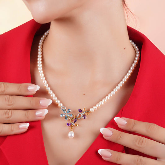18K Yellow Gold Pearl Necklace with Flower-Shaped Diamond & Gemstone Pendant – Danah Collection