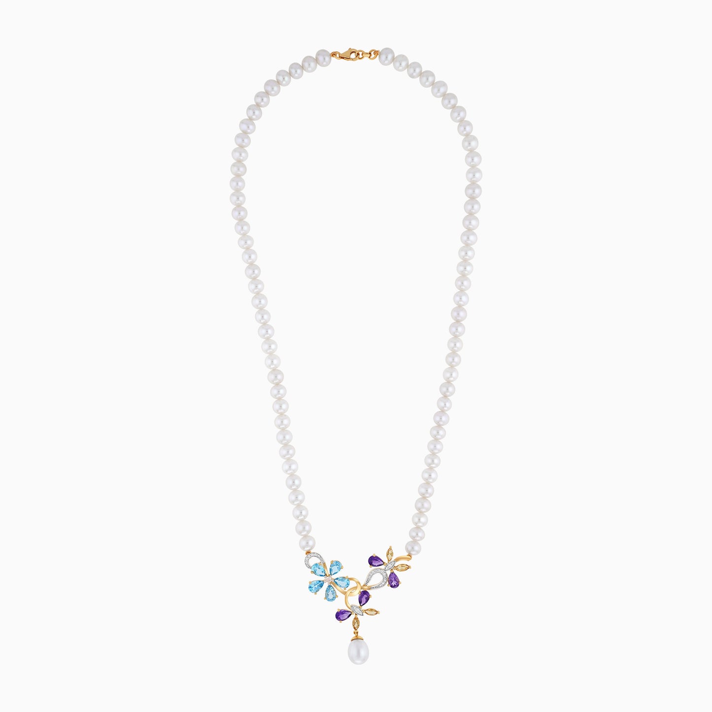 18K Yellow Gold Pearl Necklace with Flower-Shaped Diamond & Gemstone Pendant – Danah Collection