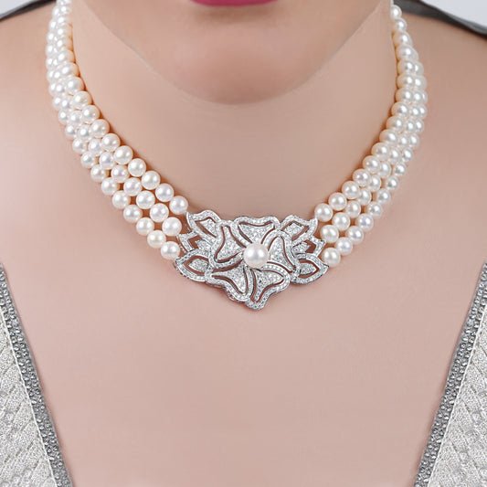 18K White Gold Chocker with a pearl and natural diamond | Danah Collection