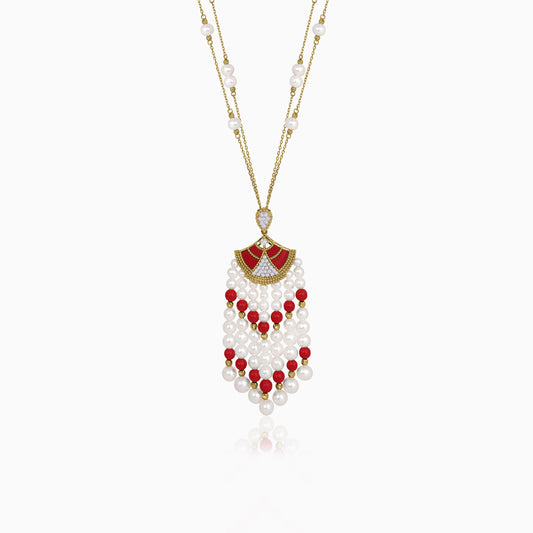 18K Yellow Gold Long Pearl Necklace with Natural Diamond and Coral Stones