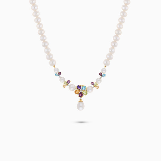 18K Yellow Gold Pearl Necklace with Natural Diamonds & Gemstones | Danah Collection