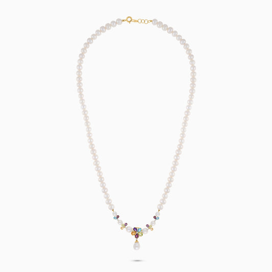 18K Yellow Gold Pearl Necklace with Natural Diamonds & Gemstones | Danah Collection