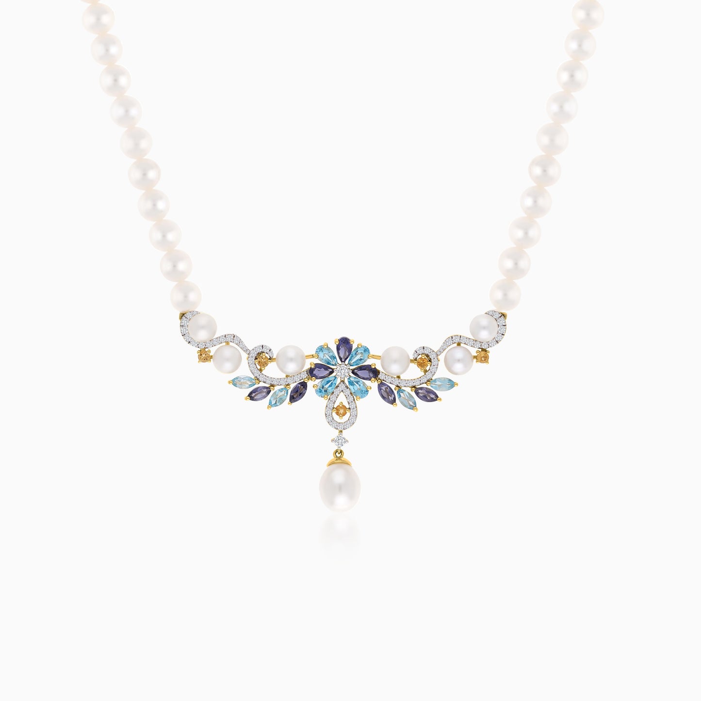 18K Yellow Gold Pearl Necklace with Natural Diamonds and Gemstones | Danah Collection