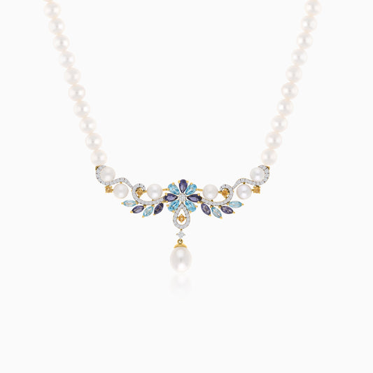 18K Yellow Gold Pearl Necklace with Natural Diamonds and Gemstones | Danah Collection