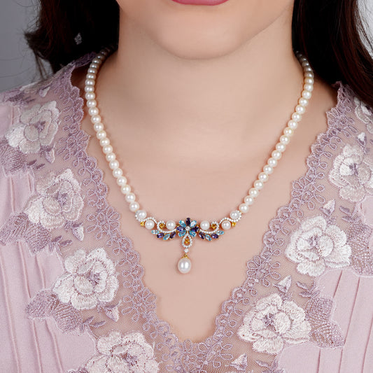 18K Yellow Gold Pearl Necklace with Natural Diamonds and Gemstones | Danah Collection