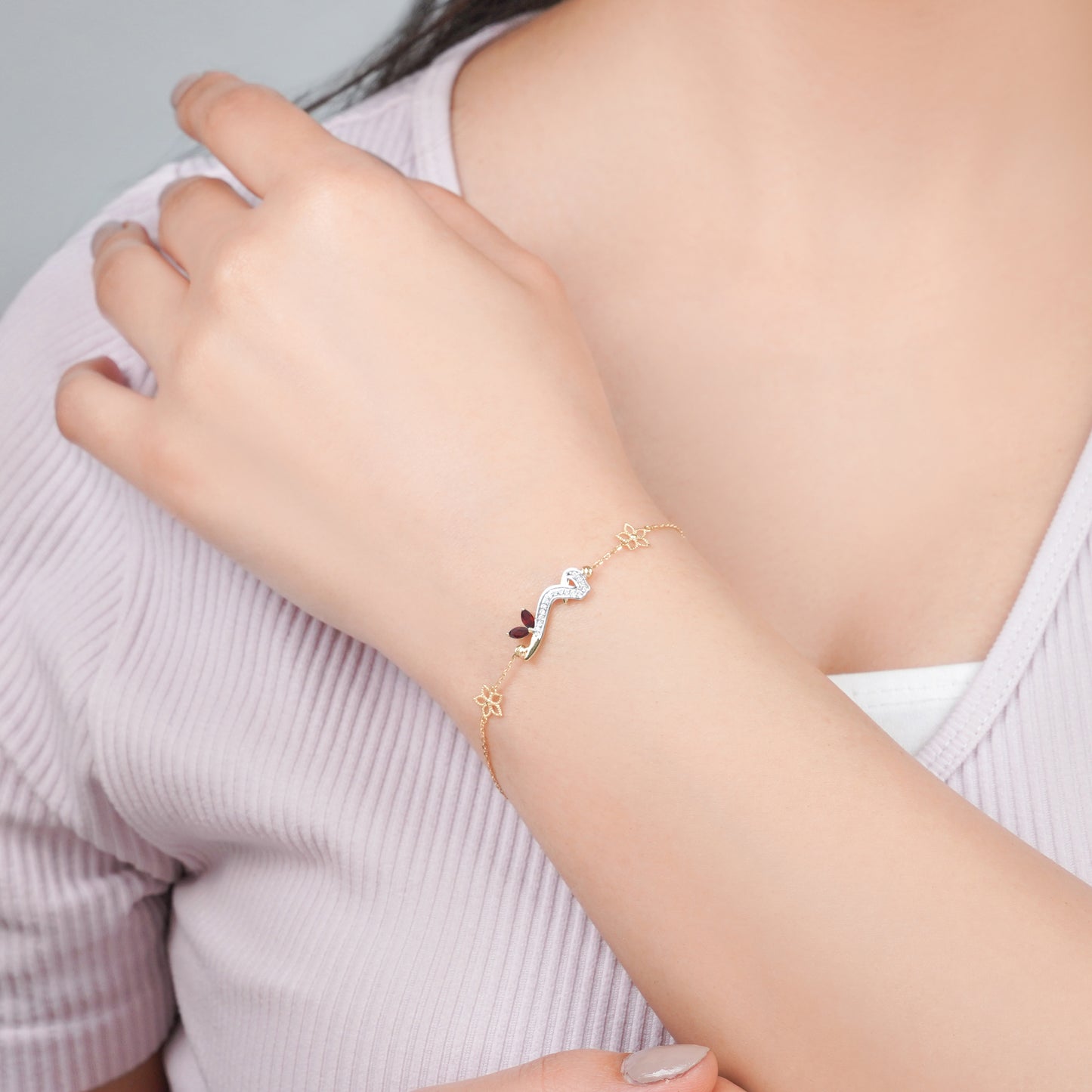 Arabic Meem Bracelet in 18K Gold with Natural Diamonds & Garnet | Horoufi Diamond Collection