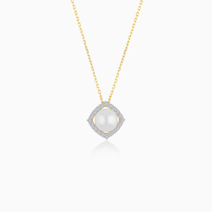 18K Yellow Gold Cultured Pearl Surrounded by Natural Diamond Necklace