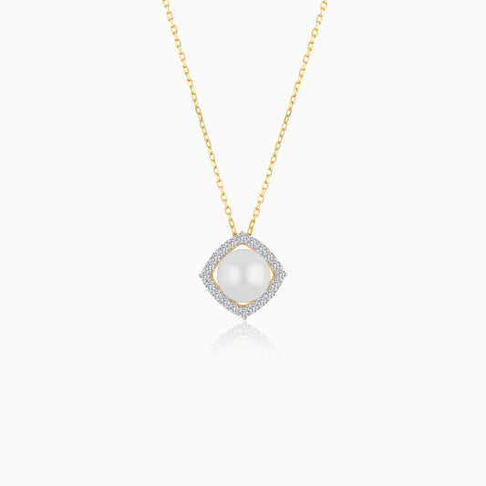 18K Yellow Gold Cultured Pearl Surrounded by Natural Diamond Necklace