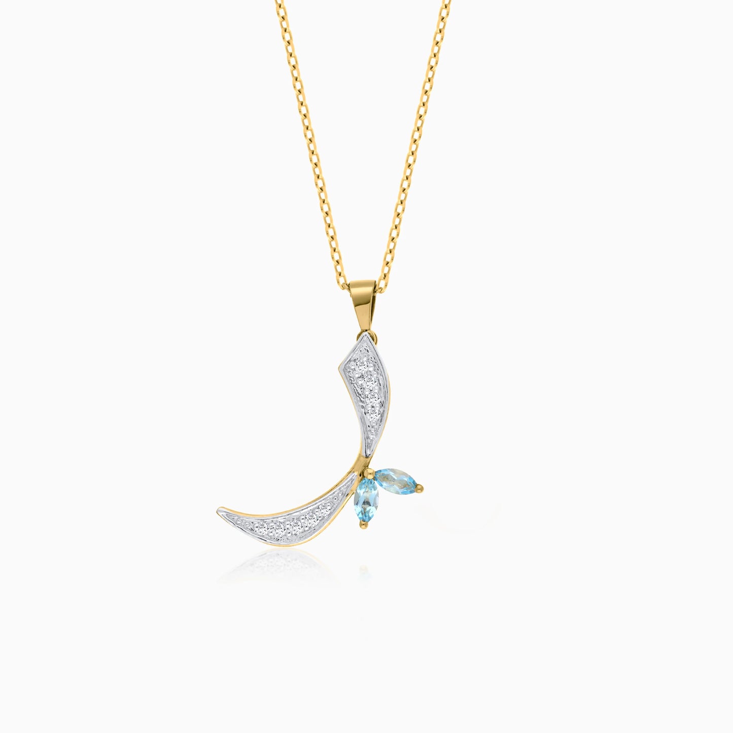18k Yellow Gold 'Raa' Arabic Letter Necklace With Natural diamond and blue Topaz stones