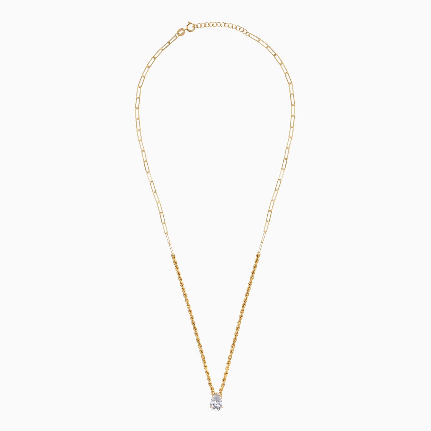 18k Yellow Gold Paperclip & Rope Chain Necklace with Swarovski Zirconia Drop
