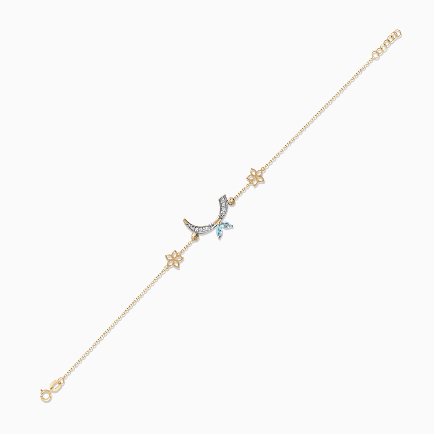 18K Yellow Gold 'Raa' Arabic Letter Bracelet with Natural Diamonds & Blue Topaz | Horoufi Diamond Collection