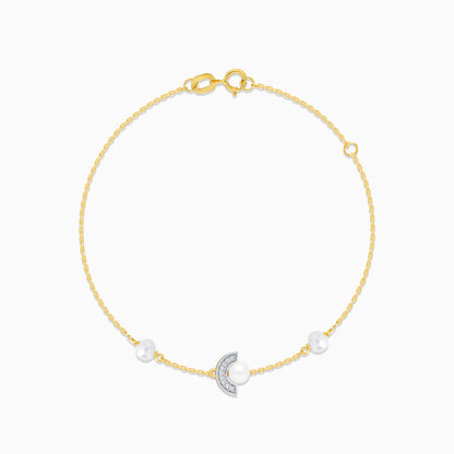 18K Yellow Gold Crescent Diamond and Triple Pearl Bracelet - Danah Diamond Collection
