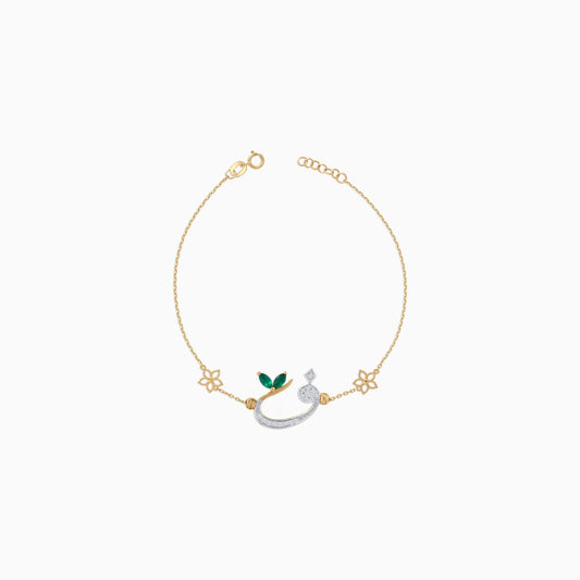 18K Yellow Gold Arabic Letter 'Faa' Bracelet with Natural Diamonds & Green Agate | Horoufi Diamond Collection