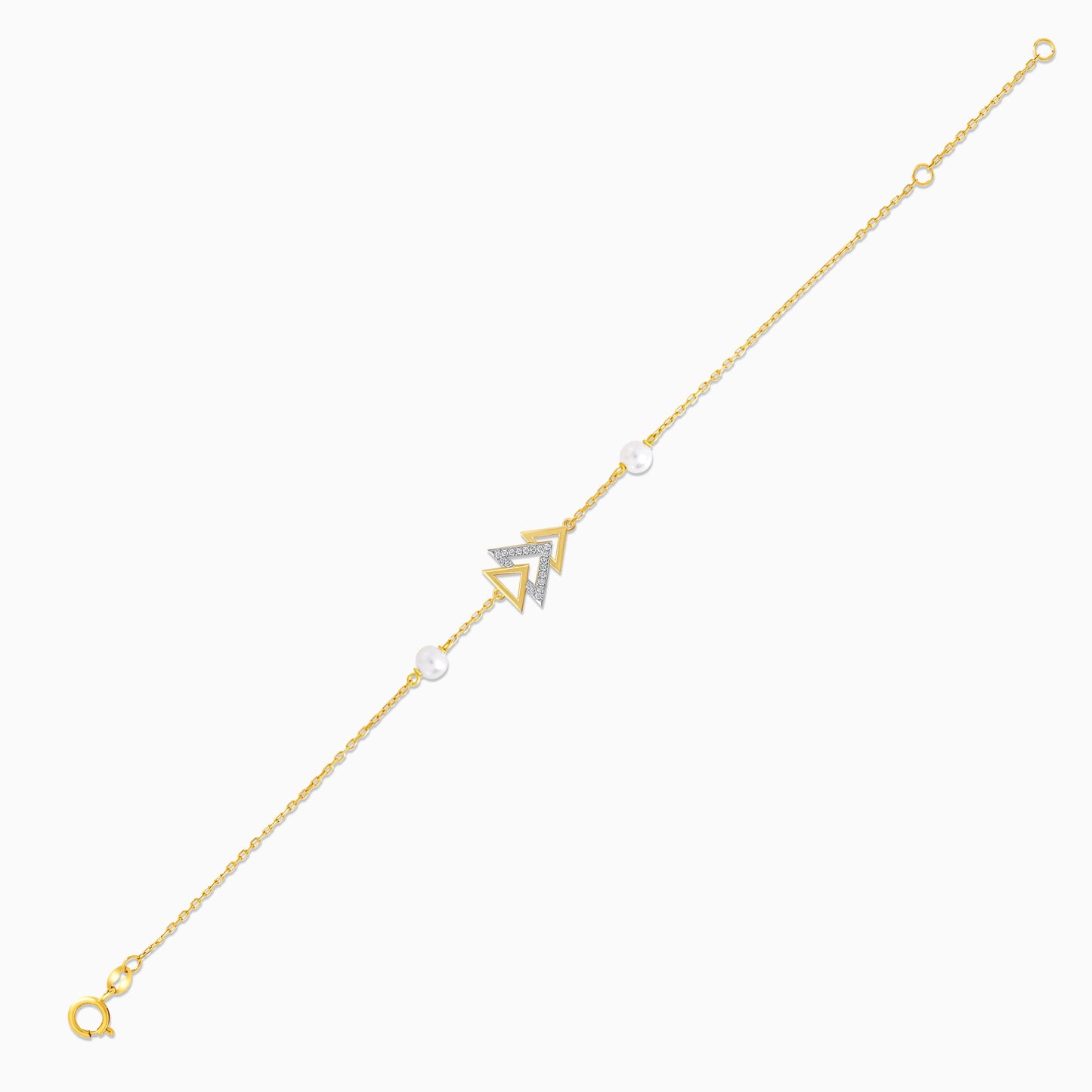 18k yellow gold bracelet adorned with two arrow-shaped and one accented with sparkling diamonds and pearls on the sides | Danah