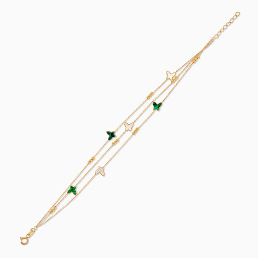 18k yellow gold bracelet three-layer decorated with mother of pearl and malachite stones in butterfly shape