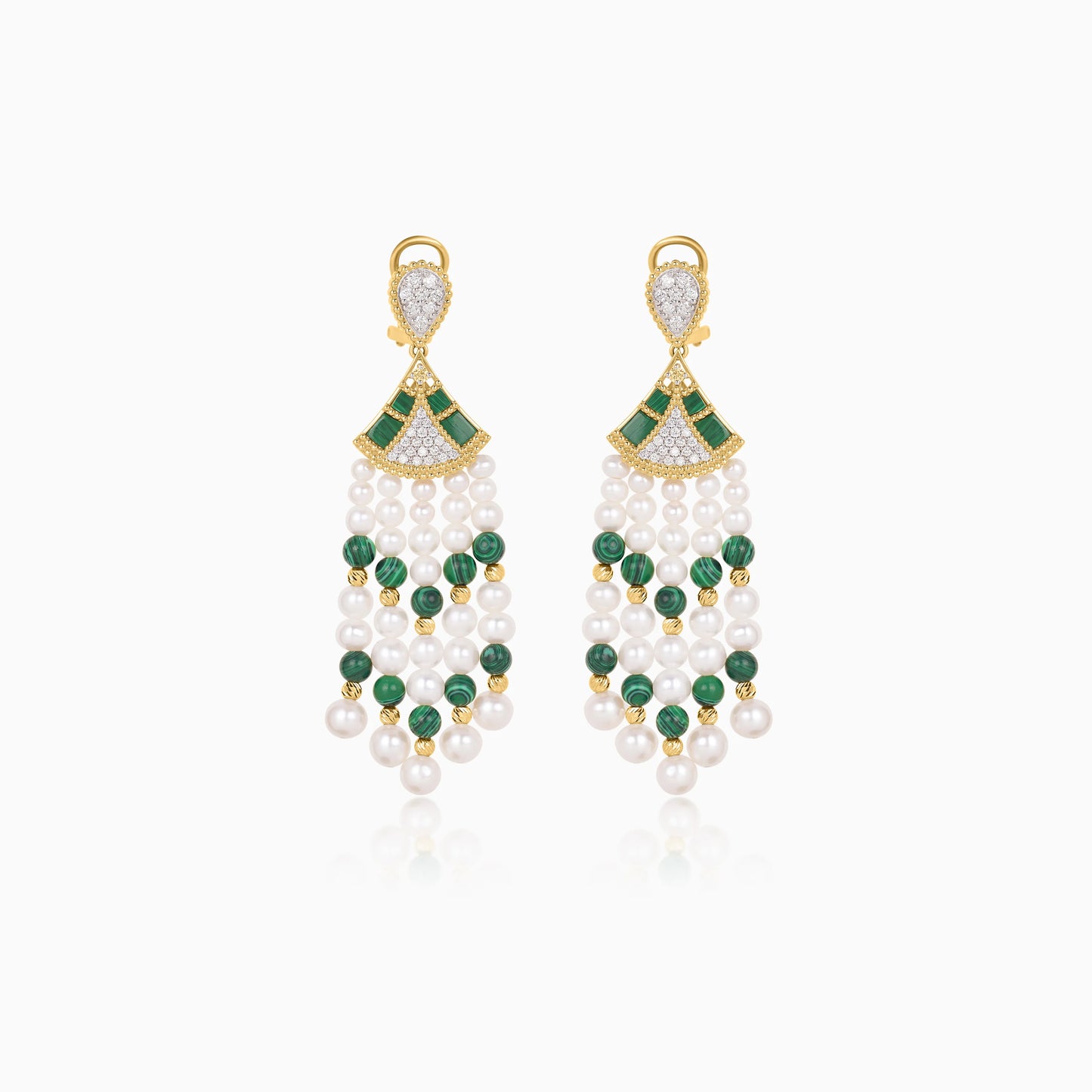 18K Yellow Gold Dangling Earrings with Pearls, Natural Diamonds and Malachite stones