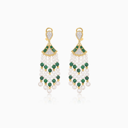 18K Yellow Gold Dangling Earrings with Pearls, Natural Diamonds and Malachite stones