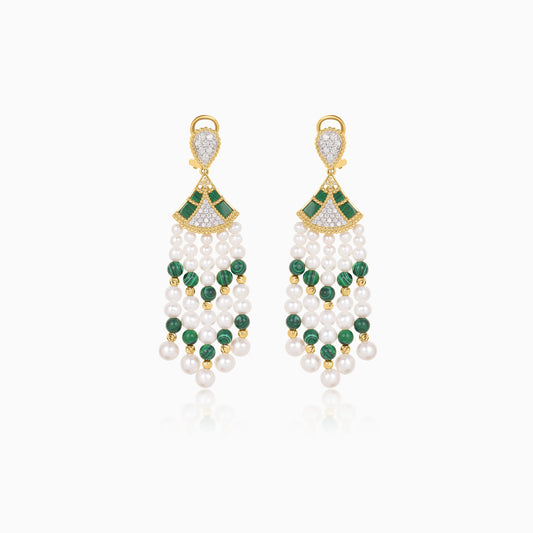 18K Yellow Gold Dangling Earrings with Pearls, Natural Diamonds and Malachite stones