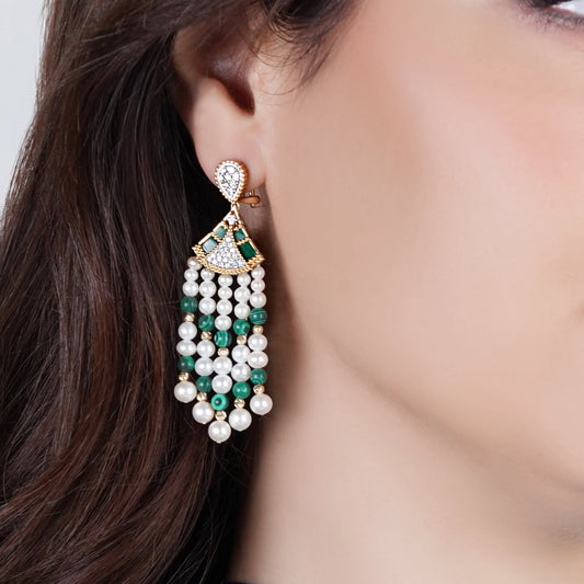 18K Yellow Gold Dangling Earrings with Pearls, Natural Diamonds and Malachite stones