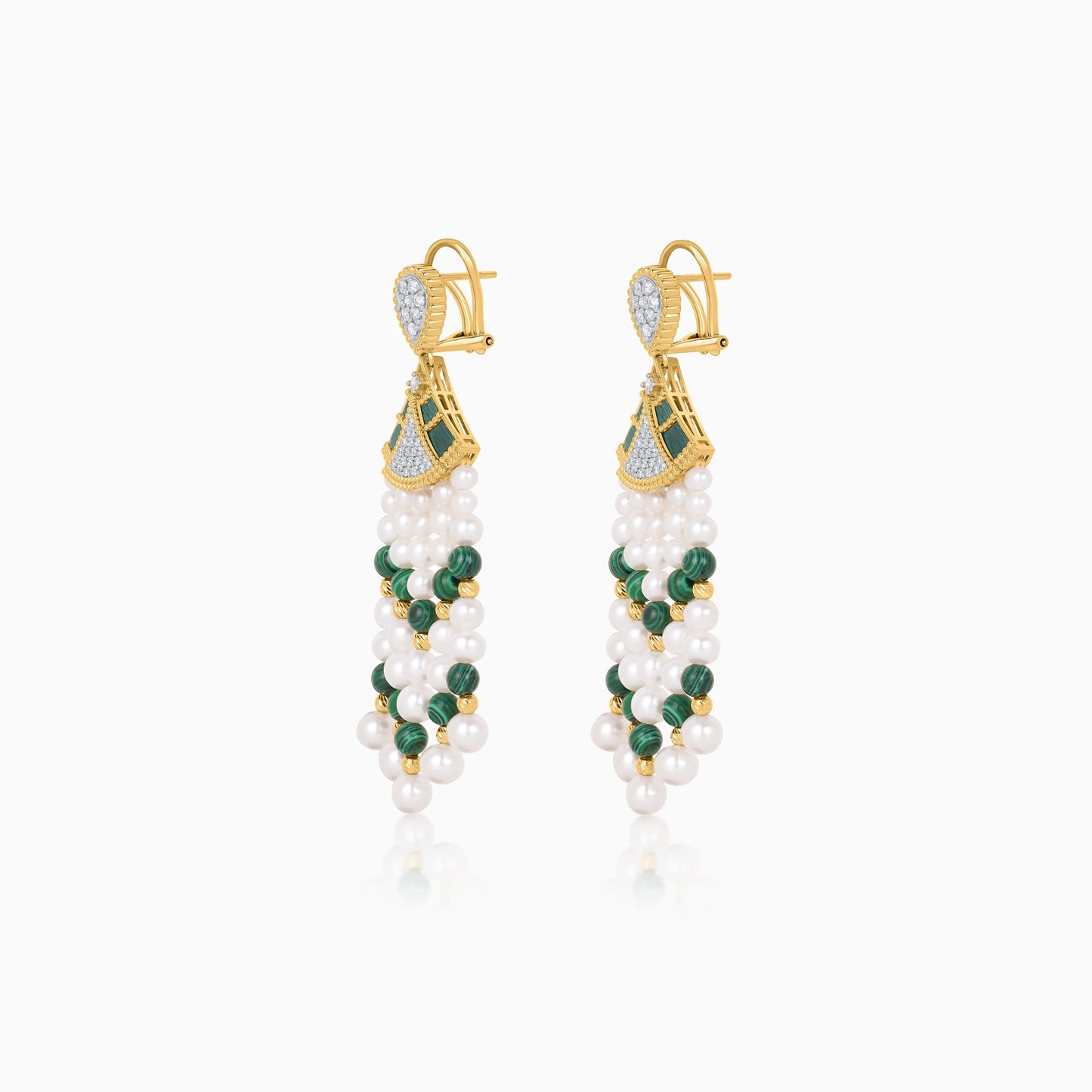 18K Yellow Gold Dangling Earrings with Pearls, Natural Diamonds and Malachite stones