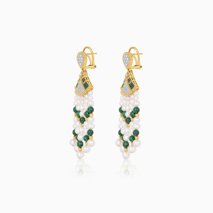 18K Yellow Gold Dangling Earrings with Pearls, Natural Diamonds and Malachite stones