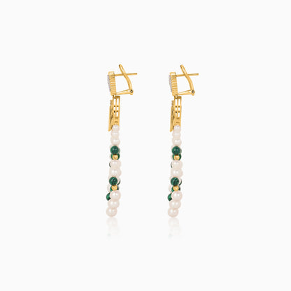18K Yellow Gold Dangling Earrings with Pearls, Natural Diamonds and Malachite stones