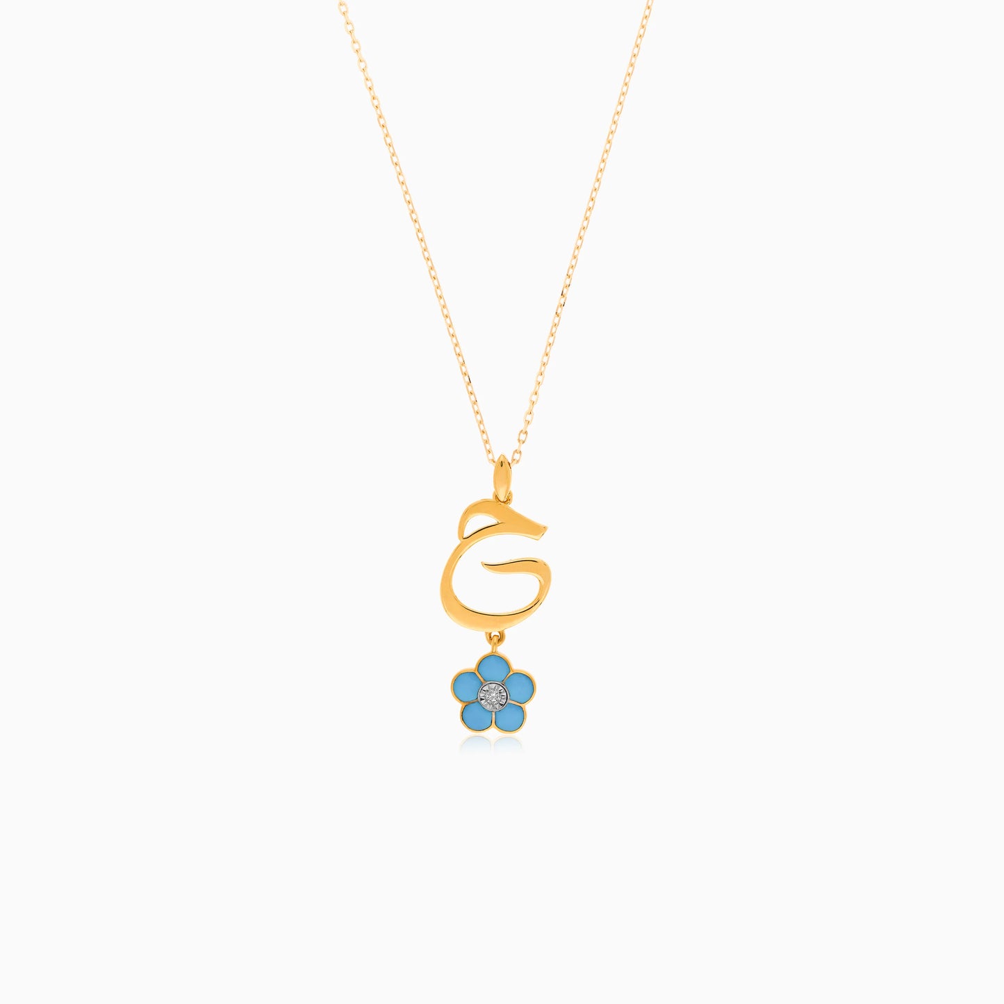 18K Yellow Gold Kids Necklace – Letter ‘Haa’ with Turquoise Enamel Flower & Natural Diamond | Horoufi Kids Collection