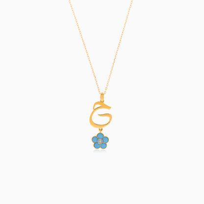 18K Yellow Gold Kids Necklace – Letter ‘Haa’ with Turquoise Enamel Flower & Natural Diamond | Horoufi Kids Collection