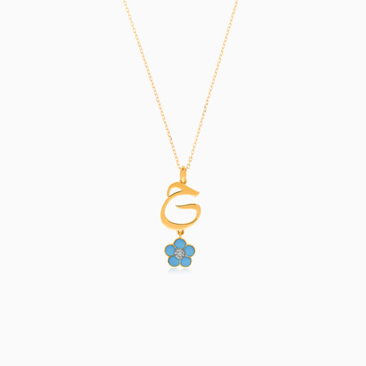 18k yellow gold kids necklace with the letter “haa” decorated with a hanging Turquoise enamel flower and natural diamond in the centre