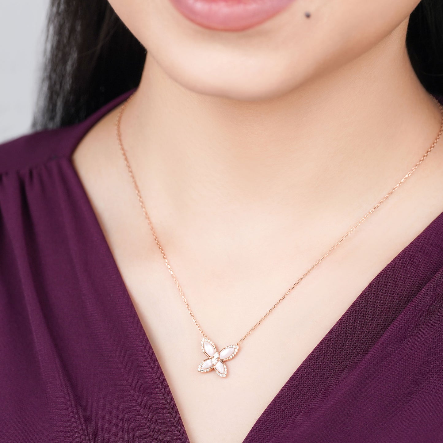 18K Rose Gold Butterfly Necklace with Mother of Pearl and Natural Diamonds – Mosaic Collection