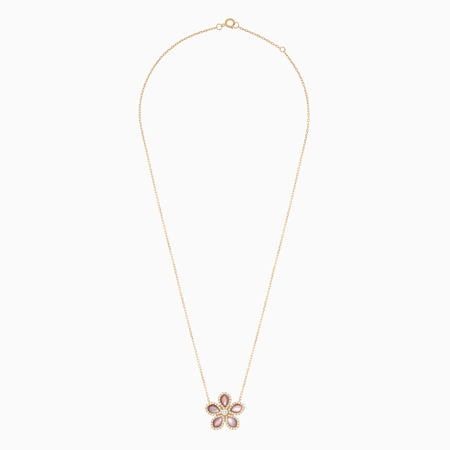 18k yellow gold Necklace flower shape decorated with natural diamond and Pink Mother of pearl