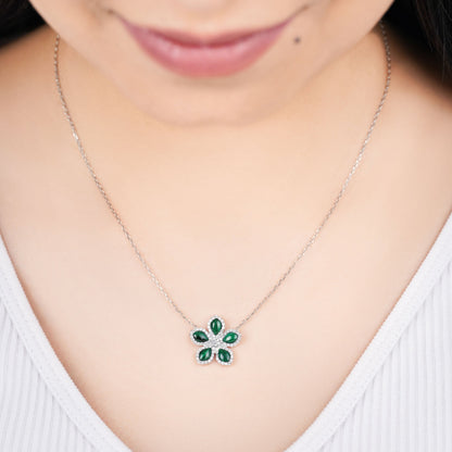 18K White Gold Flower Necklace with Diamonds and Malachite – Mosaic Collection