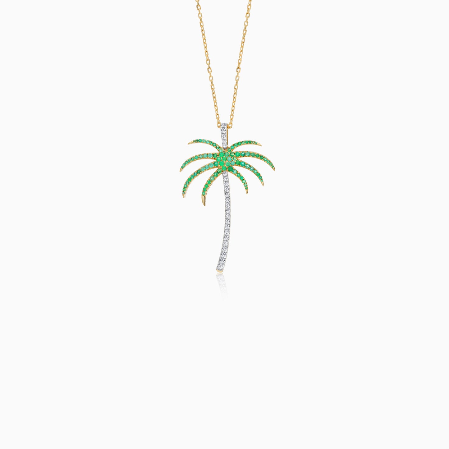 18K Yellow Gold Chain with Palm Tree-Shaped Pendant (40mm) Decorated with Natural Diamond and Emerald | Al Nakhla Collection
