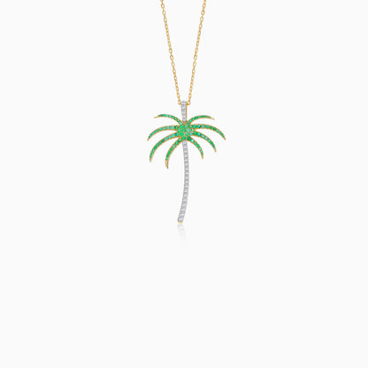 18K Yellow Gold Chain with Palm Tree-Shaped Pendant (40mm) Decorated with Natural Diamond and Emerald | Al Nakhla Collection
