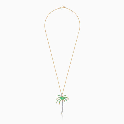 18K Yellow Gold Chain with Palm Tree-Shaped Pendant (40mm) Decorated with Natural Diamond and Emerald | Al Nakhla Collection