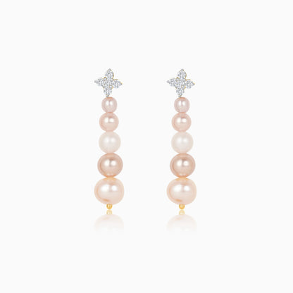 18K Yellow Gold Dangling Earrings with Multi-Color Pearls and Natural Diamonds
