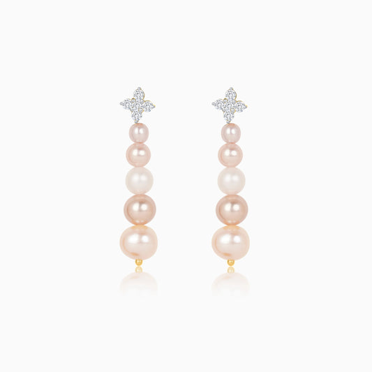 18K Yellow Gold Dangling Earrings with Multi-Color Pearls and Natural Diamonds