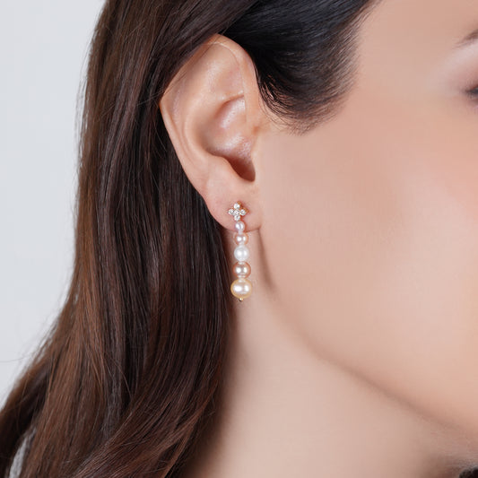 18K Yellow Gold Dangling Earrings with Multi-Color Pearls and Natural Diamonds