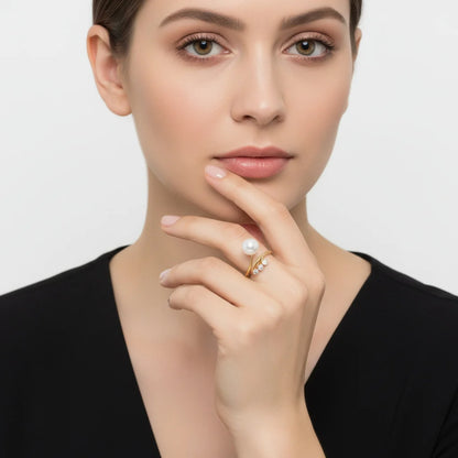 18k yellow gold open ring with zircon stones and a single pearl | Danah collection