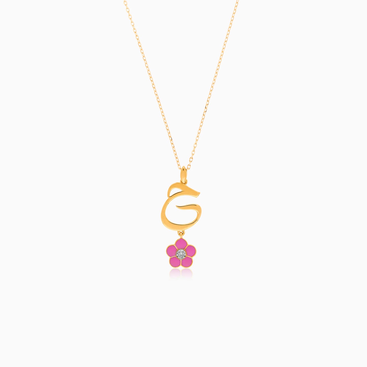 18k Yellow Gold Kids Necklace with ‘Haa’ Letter, Pink Enamel Flower & Natural Diamond | Horoufi Kids Collection