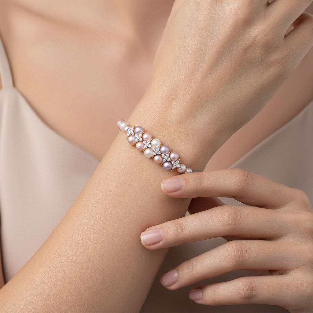 Multi-color pearls and natural diamonds Bracelet with 18k yellow gold | Danah Diamond collection