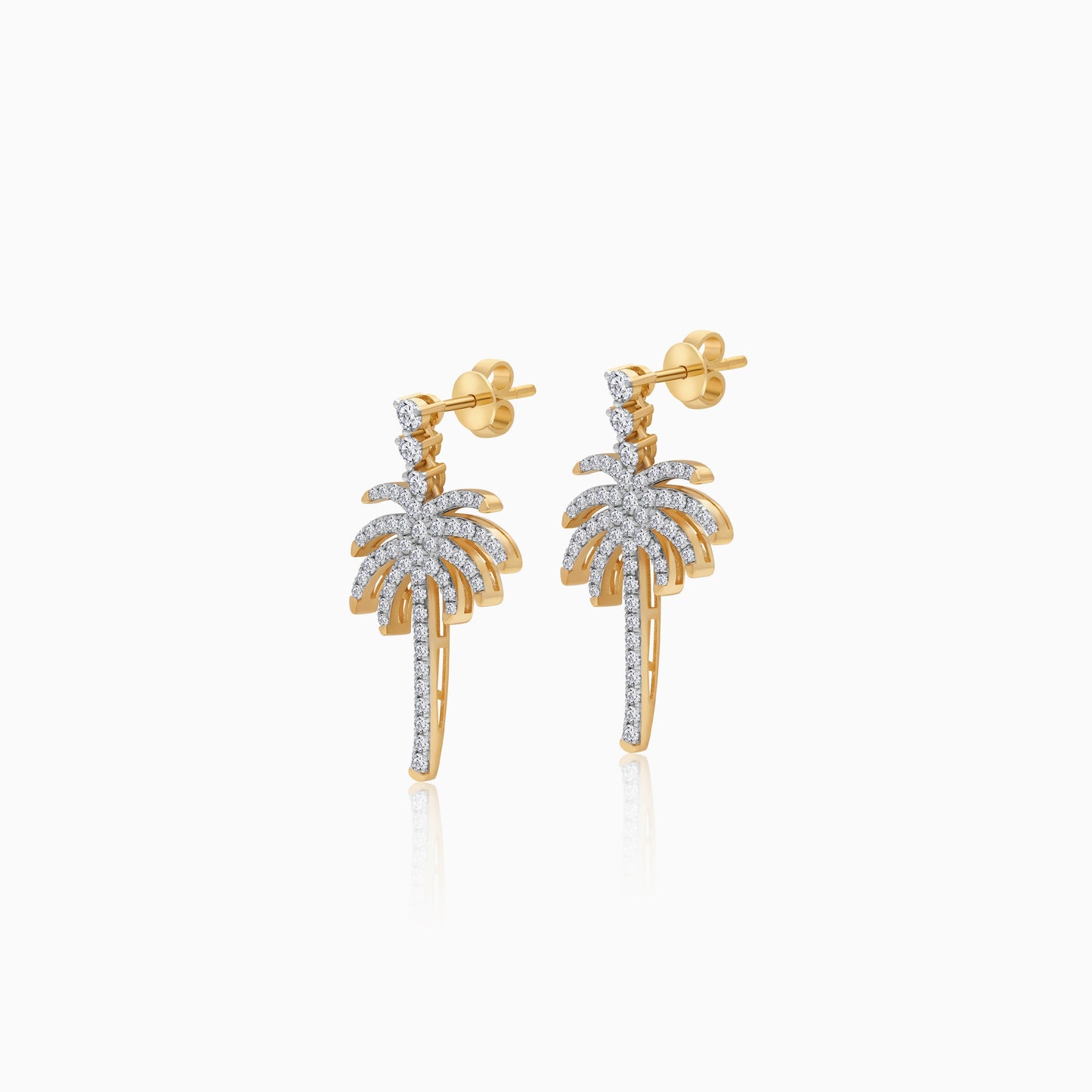 18K Yellow Gold Stud Earrings with Dangling Palm Tree-Shaped Design Decorated with Natural Diamond | Al Nakhla Collection